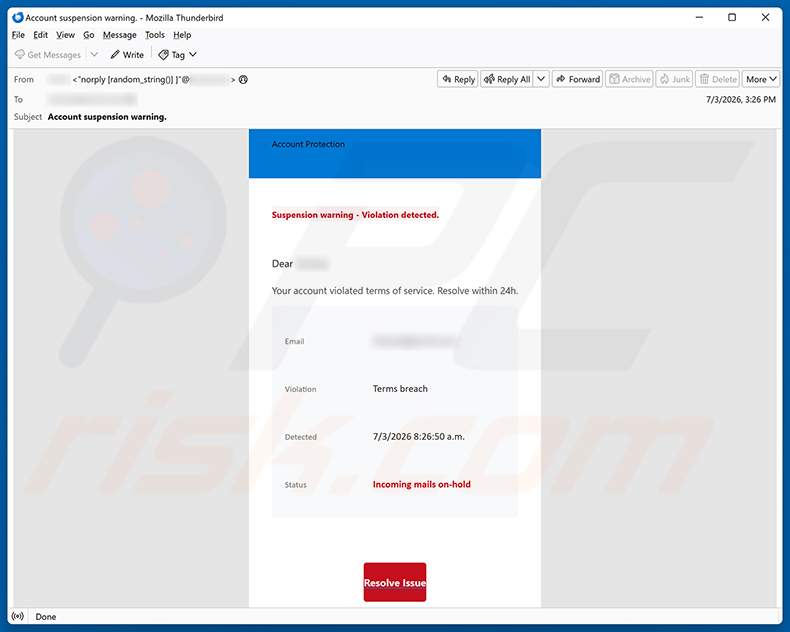 Campagna di spam via email Your Account Violated Terms Of Service