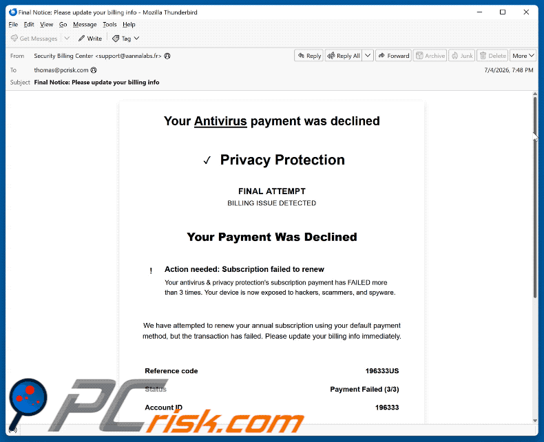 Your Antivirus Payment Was Declined truffa via email (GIF)