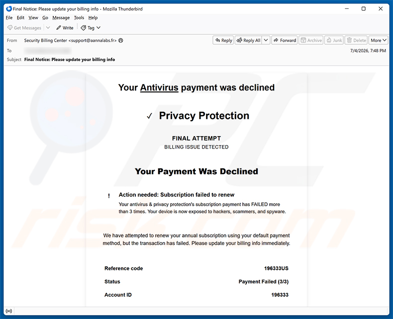Campagna di spam via email Your Antivirus Payment Was Declined