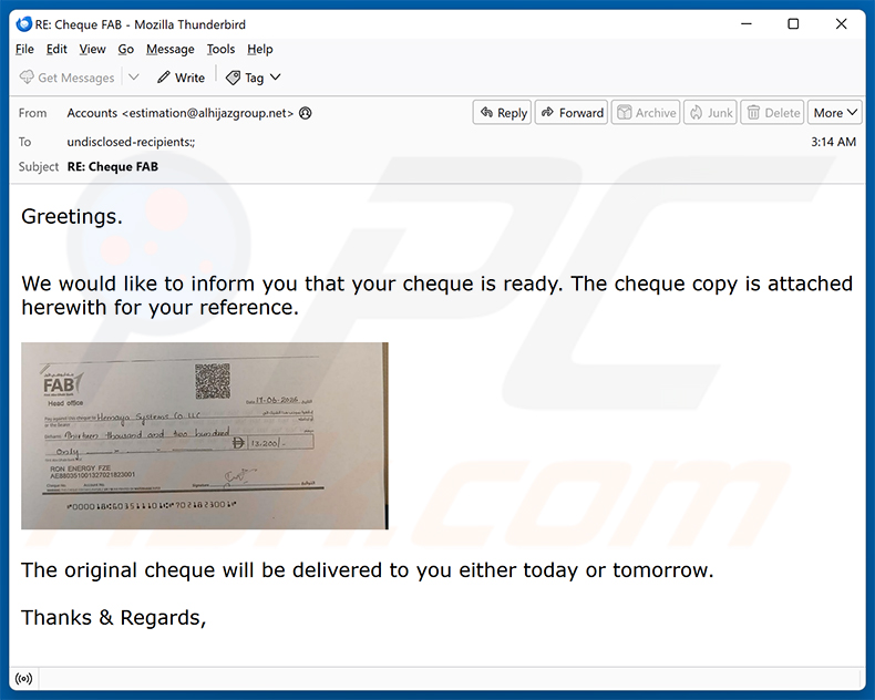 Campagna di spam via email Your Cheque Is Ready