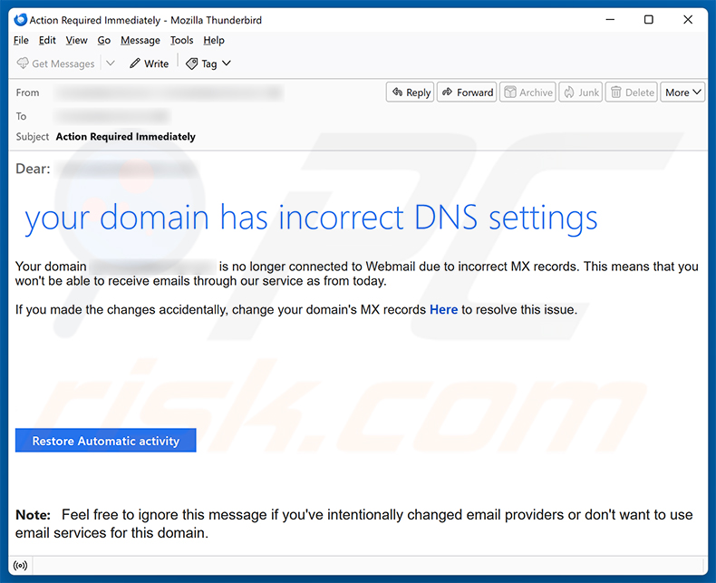 Campagna di email spam Your Domain Has Incorrect DNS Settings