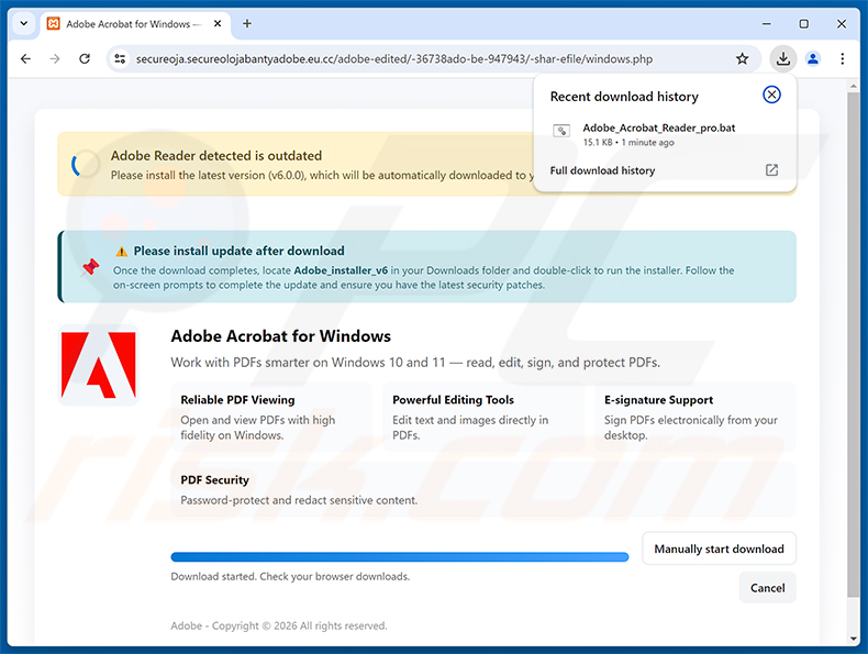 Sito web dannoso promosso tramite la campagna di spam Adobe - Outstanding Invoices Email Virus
