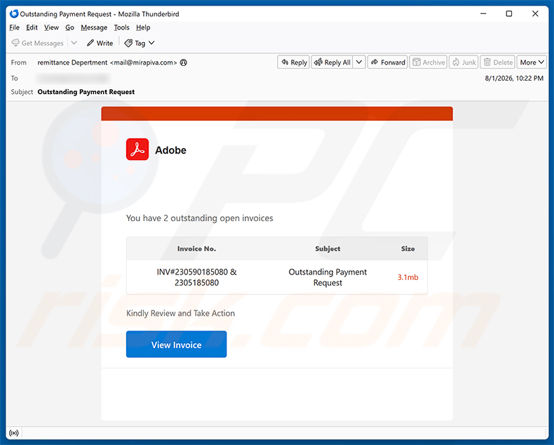 Campagna di spam via email Adobe - Outstanding Invoices Email Virus