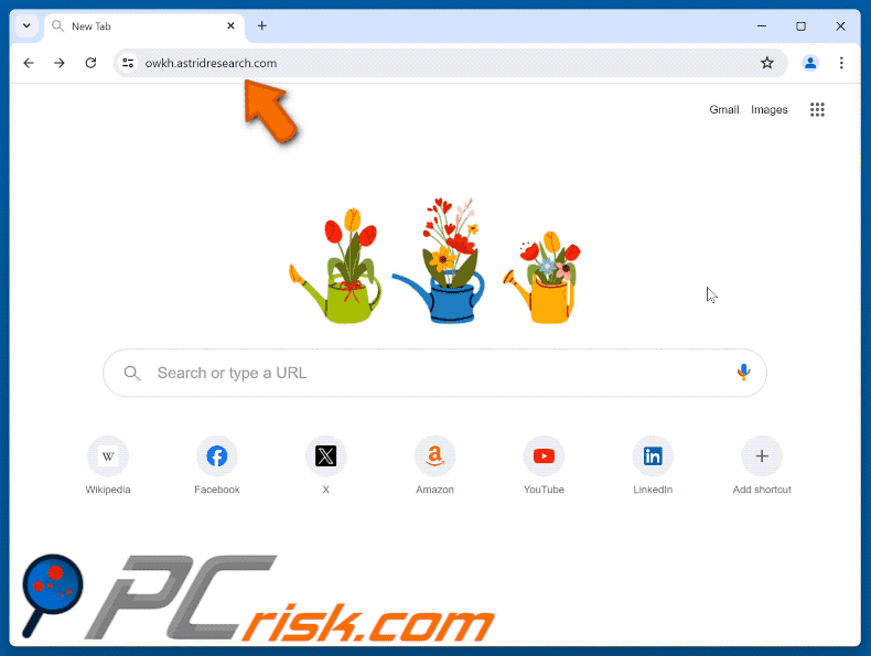 dirottatore del browser astridresearch.com che reindirizza a Bing (GIF)