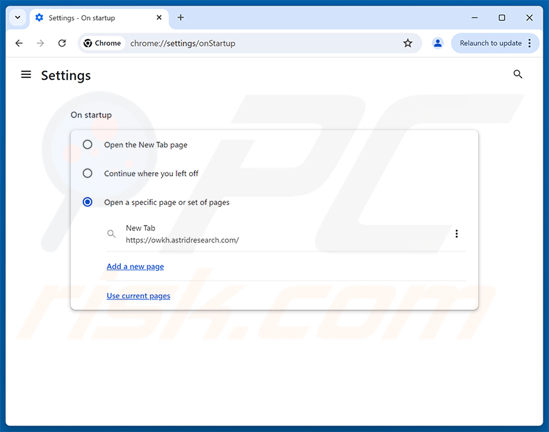 Rimozione di astridresearch.com dalla homepage di Google Chrome