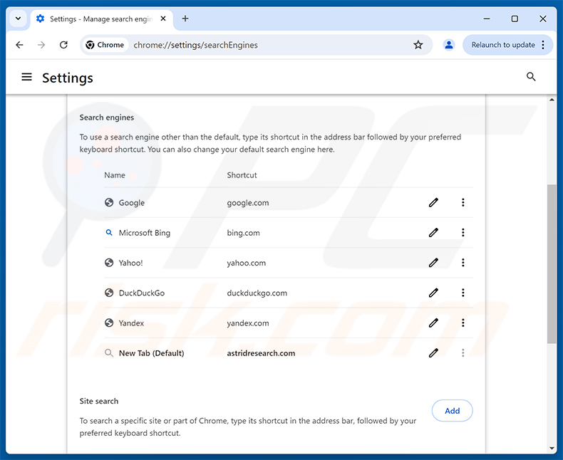 Rimozione di astridresearch.com dal motore di ricerca predefinito di Google Chrome