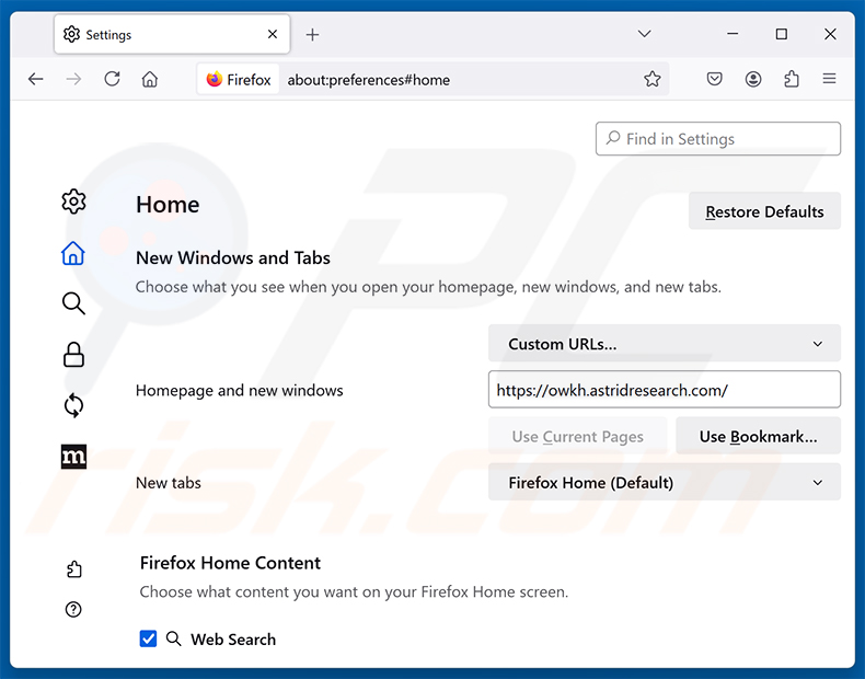 Rimozione di astridresearch.com dalla homepage di Mozilla Firefox