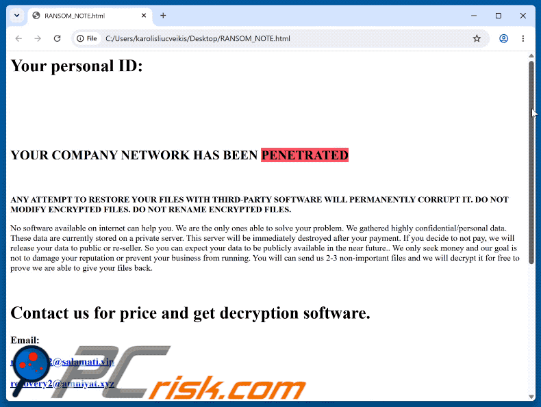 Richiesta di riscatto del ransomware Betelgeuse (RANSOM_NOTE.html)