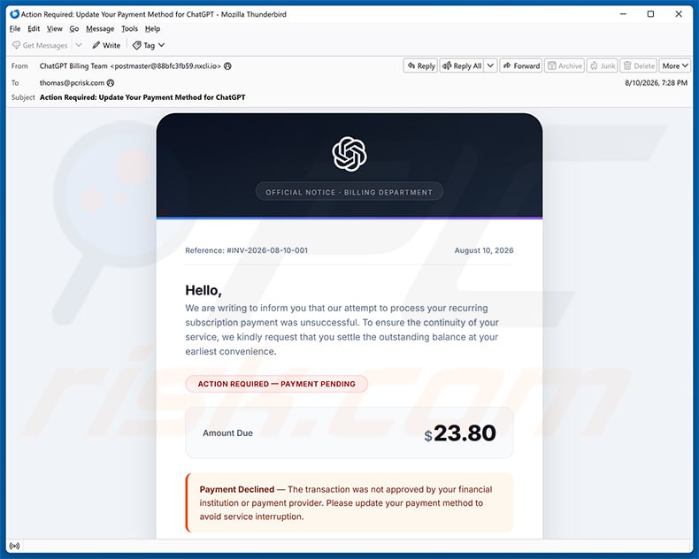 Campagna di email spam ChatGPT Payment Method Update Email Scam