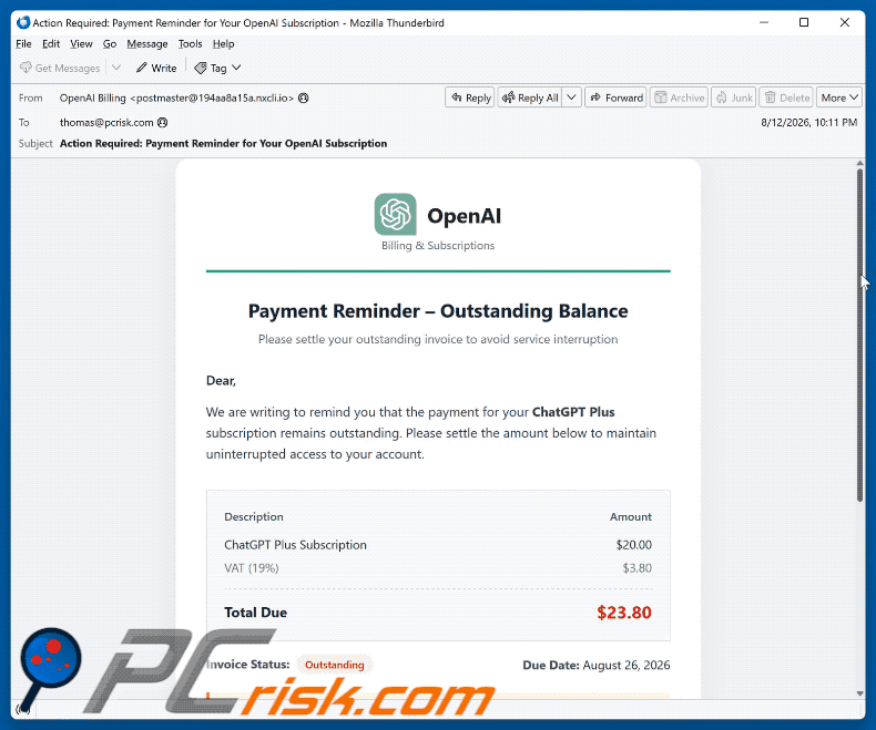 Email di truffa ChatGPT Payment Reminder (GIF)