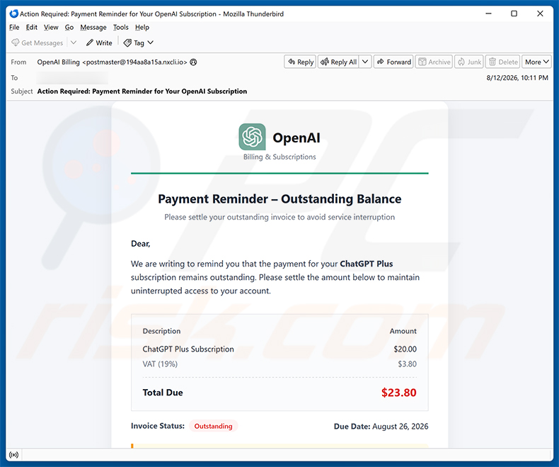 Campagna di spam email ChatGPT Payment Reminder Email Scam