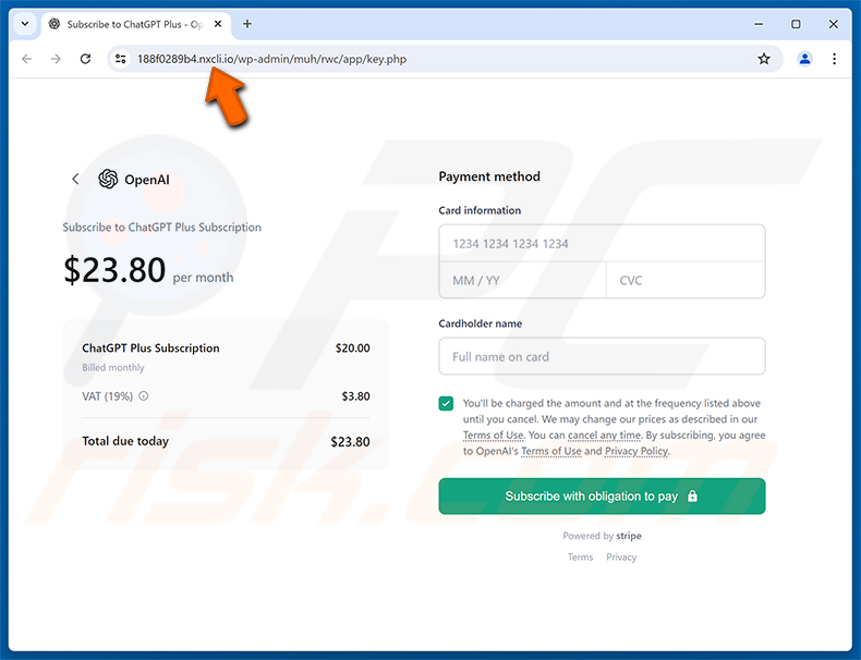 Pagina di phishing ChatGPT Payment Reminder Email Scam