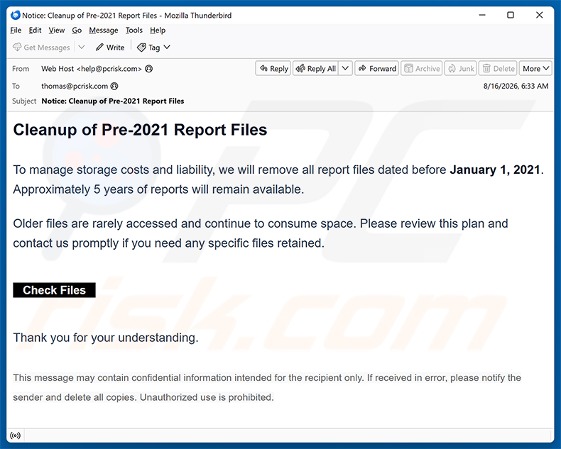 Campagna di spam via email Cleanup Of Pre-2021 Report Files truffa via email