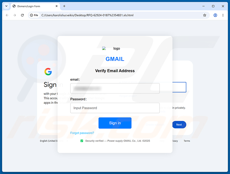 Pagina di phishing Confirmation Of Request For Quotation (RFQ) truffa via email