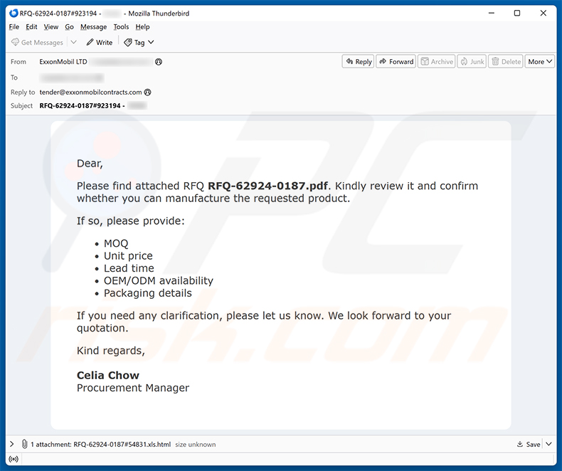 Campagna di spam via email Confirmation Of Request For Quotation (RFQ) truffa via email