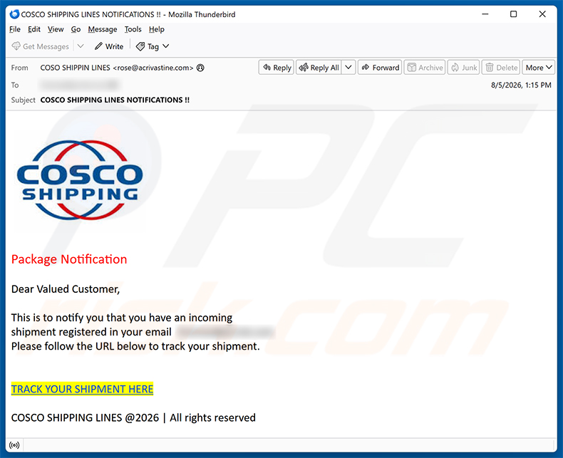 Campagna spam Cosco Shipping Package Notification truffa via email