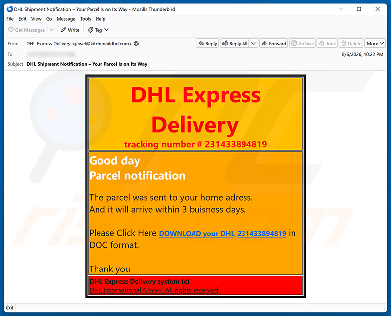 DHL Express - Parcel Sent To Your Home Address truffa via email