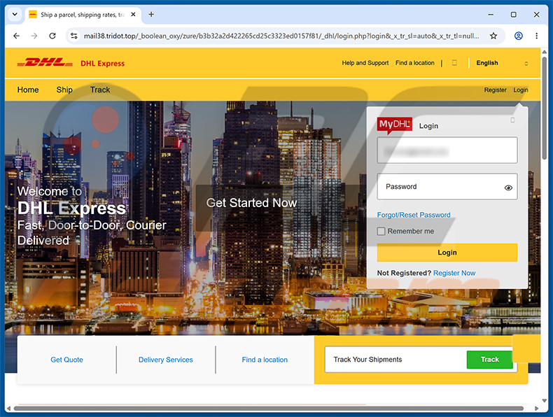 DHL Express - Parcel Sent To Your Home Address truffa via email pagina di phishing