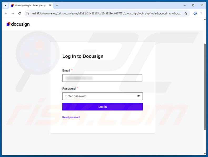 Pagina di phishing della truffa via email DocuSign Document Is Waiting For Your Approval