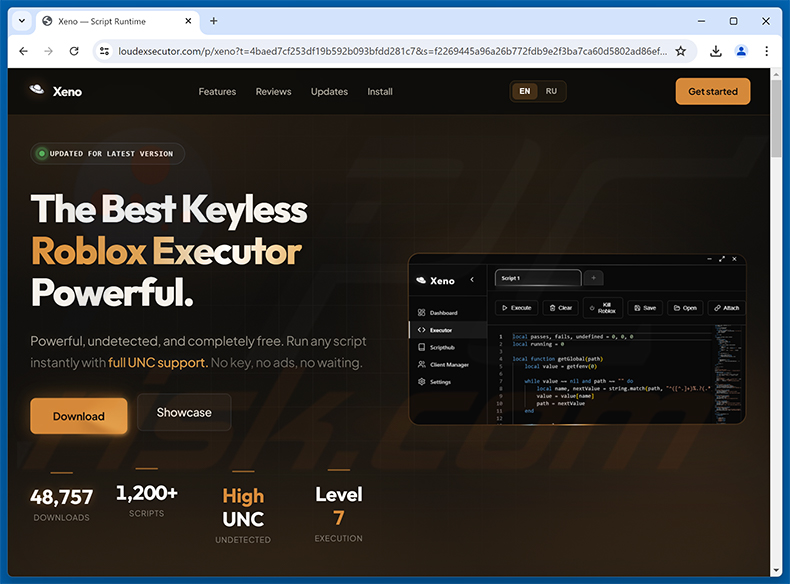 Sito ingannevole che diffonde fake Xeno (loudexsecutor[.]com)
