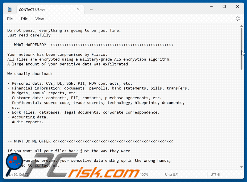 Richiesta di riscatto di Fiasco Ransomware (CONTACT US.txt)