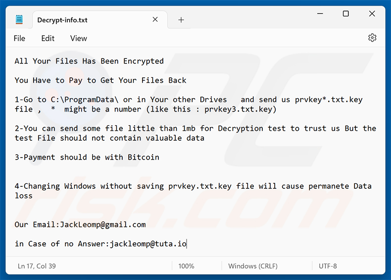 Richiesta di riscatto del ransomware Grandeur (Decrypt-info.txt)
