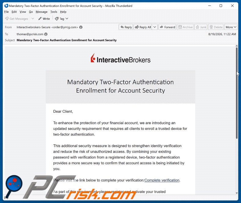 Email di truffa Interactive Brokers Two-Factor Authentication (GIF)