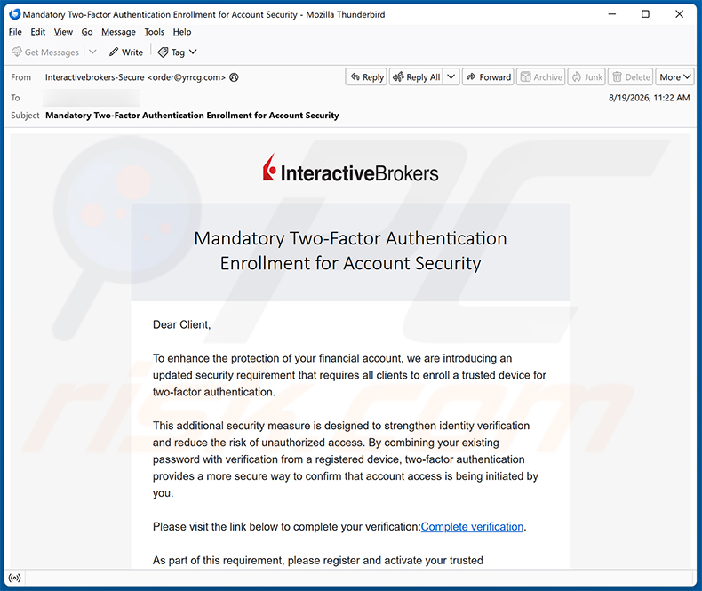 Campagna di spam via email Interactive Brokers Two-Factor Authentication truffa via email