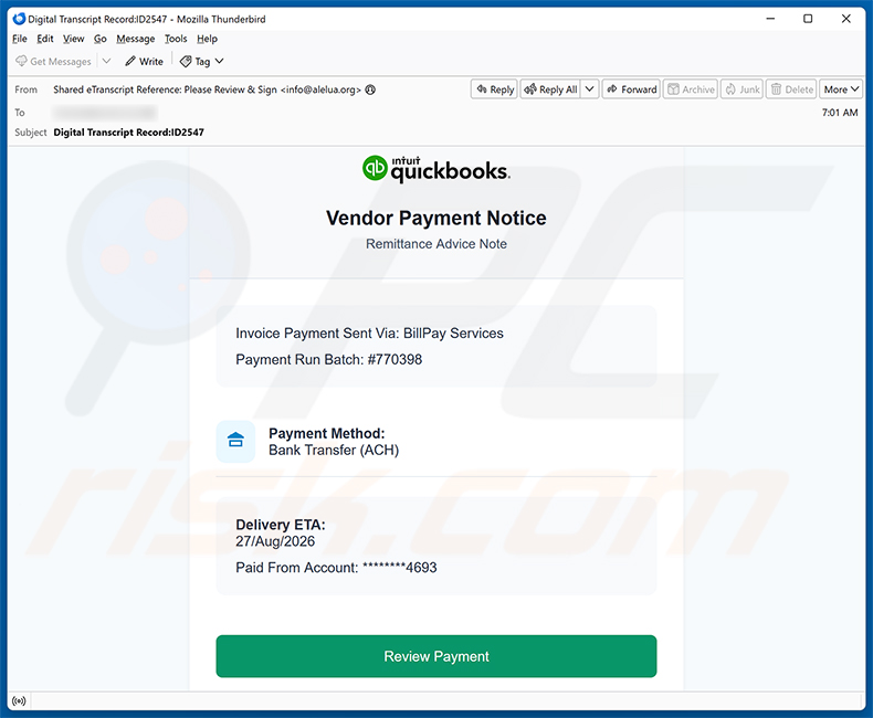 Campagna spam Intuit QuickBooks - Vendor Payment Notice Email Virus