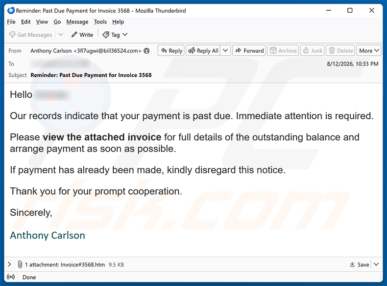 Campagna di spam via email Invoice Payment Is Past Due truffa via email
