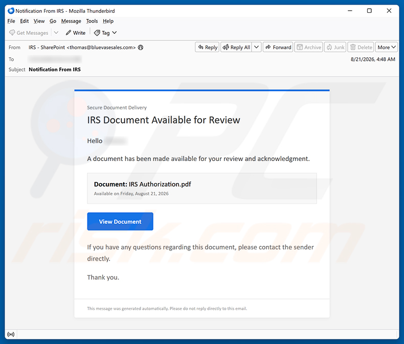 Campagna spam via email IRS Document Available For Review truffa via email