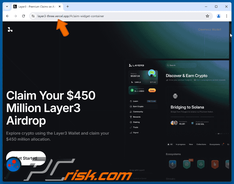 Sito web falso di Layer3 che funziona come drainer di criptovaluta