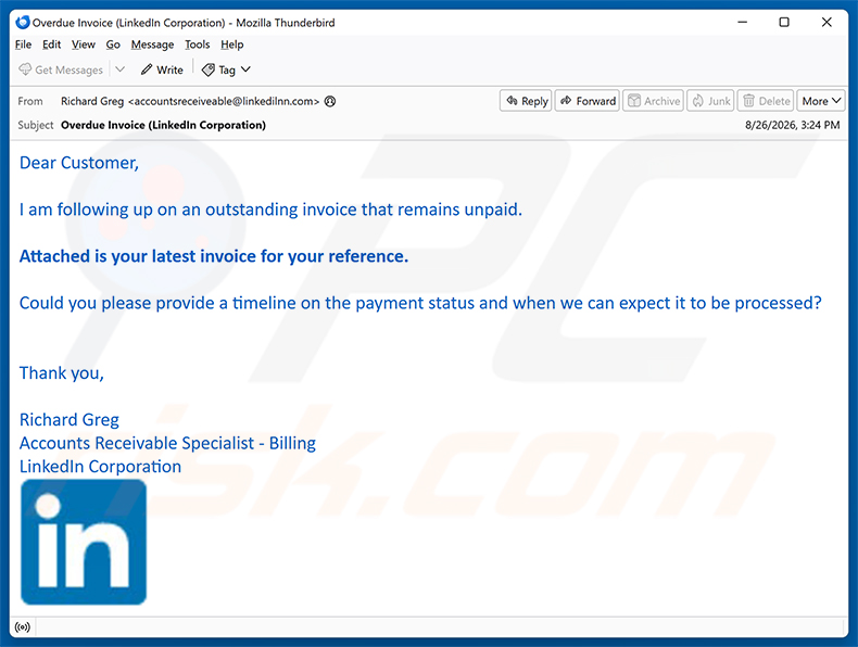 LinkedIn - Outstanding Invoice truffa via email