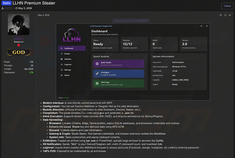 LLHN Stealer promosso sui forum di hacker