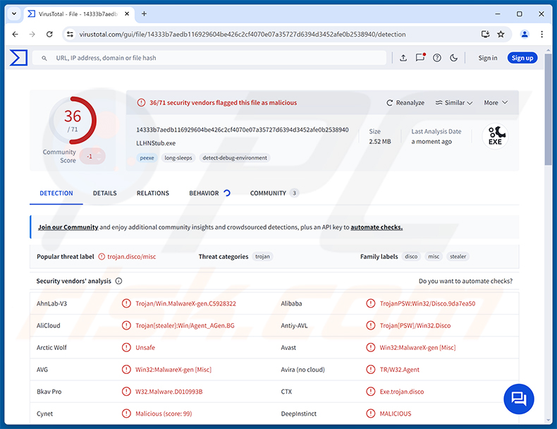 Rilevamenti del malware LLHN Stealer su VirusTotal