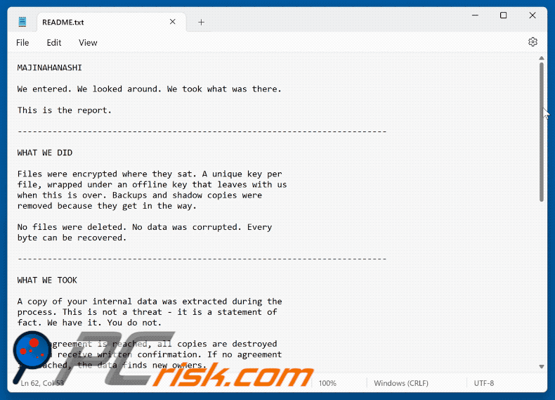 File di testo del ransomware MAJINAHANASHI (README.txt)