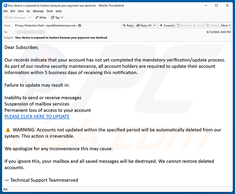 Campagna di spam email Mandatory Verification/Update Process truffa via email