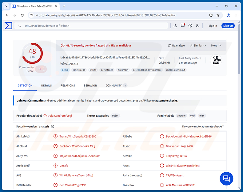 Rilevamenti del malware PackClient RAT su VirusTotal