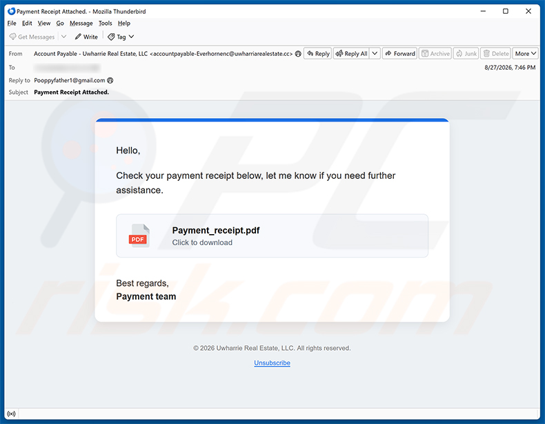 Campagna di spam email Payment Receipt Email Scam