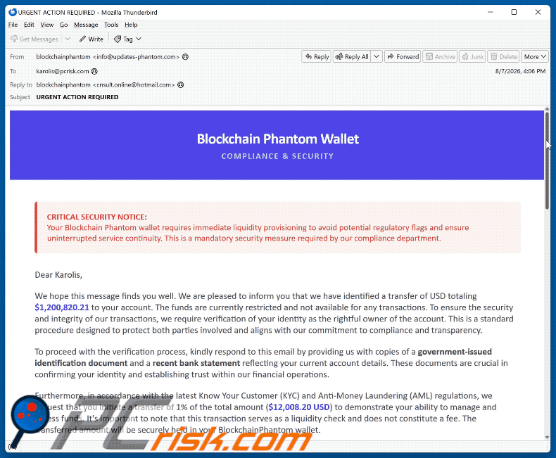 Phantom Wallet Identity Confirmation truffa via email (GIF)