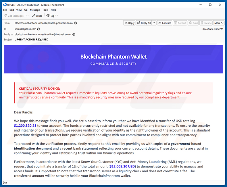 Phantom Wallet Identity Confirmation truffa via email