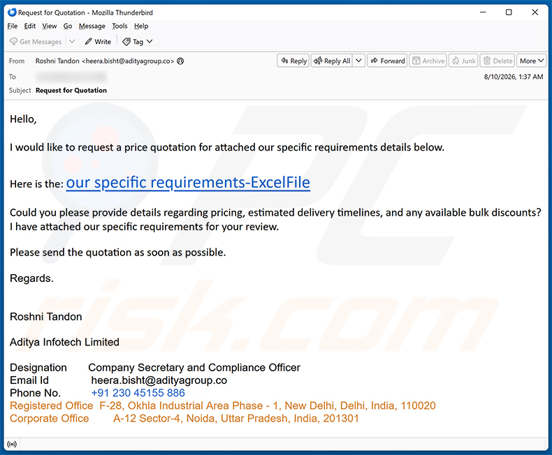 Campagna di spam email della truffa via email Price Quotation Request