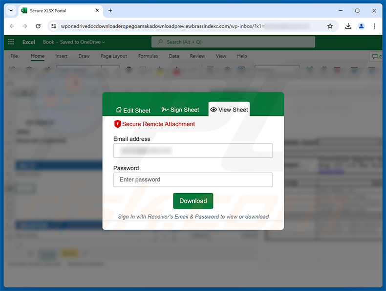 Pagina di phishing della truffa via email Price Quotation Request