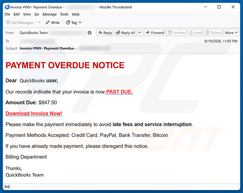 Campagna di email spam QuickBooks - Payment Overdue Email Scam