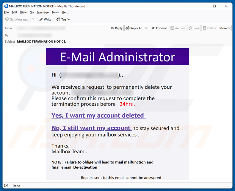 Campagna di email spam Request To Permanently Delete Your Account