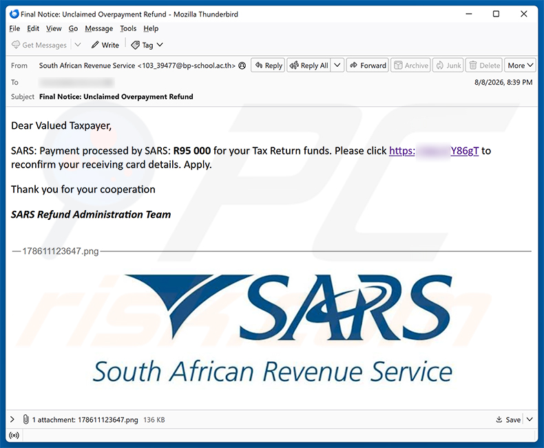 Campagna di spam email della truffa SARS Tax Refund Email Scam
