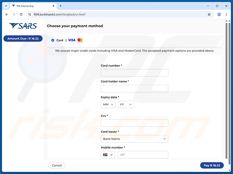 Pagina di raccolta dei dati della carta di credito della truffa SARS Tax Refund Email Scam
