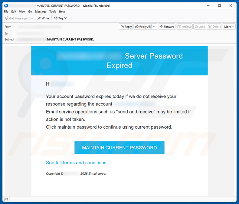 Campagna di spam via email Server Password Expired Email Scam