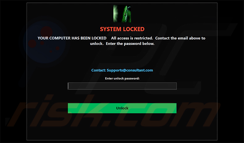 Schermata di blocco di SnakeBiteAgent RAT visualizzata su un computer infetto