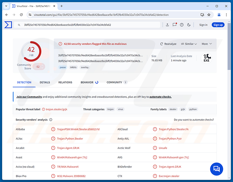 Rilevamenti del malware Vanta Stealer su VirusTotal
